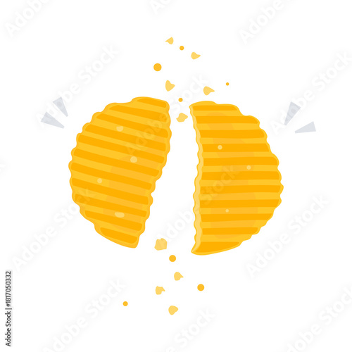 A flat illustration contrasting two types of crispy potato chips, flat-cut vs. crinkle-cut, broken in half with crumbs flying. Food Feast concept, perfect for snack, diet, or food texture concepts.