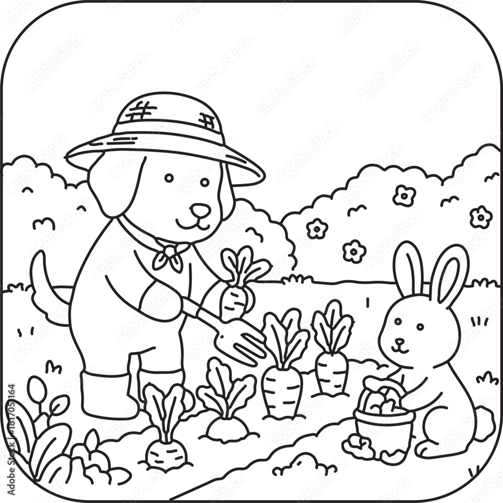 Naklejka premium Cute animal gardening carrot vector coloring page for adults