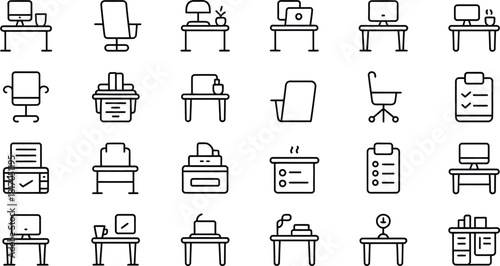 Doodle style office furniture and equipment icons set desks chairs computers clipboards and other essential items for a productive workspace environment