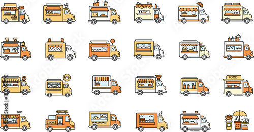 Food truck collection, mobile kitchen, street food, burger stand, pizza van, ice cream cart, coffee truck, flat design, colorful vector
