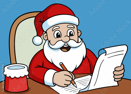 Cheerful cartoon santa claus sitting at a desk writing on a list with a pencil and a red festive container nearby