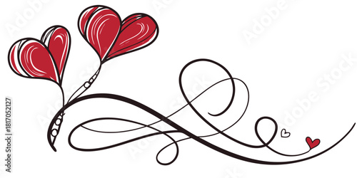 Two red hearts with black swirls isolated on white background are perfect for valentines day