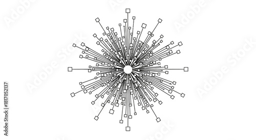 Abstract monochrome illustration of a network hub with lines radiating outwards to connected nodes.
