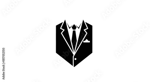A minimalist black and white graphic illustration of a formal suit with a tie and pocket square.