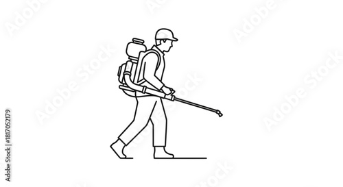 A person wearing a protective helmet and spraying a pesticide with a backpack sprayer.