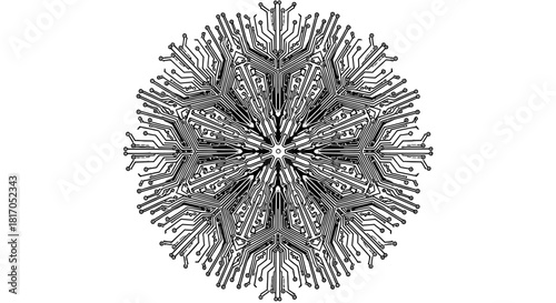 A symmetrical, intricate snowflake pattern resembling a circuit board, with fine lines and connections radiating outwards from a central point.