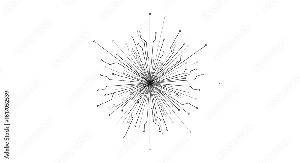Obraz premium Intricate illustration of a central point with radiating lines and circuit-like patterns.