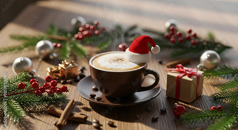 custom made wallpaper toronto digitalCoffee cup with santa hat and christmas decorations. Warm beverage for holiday celebration. Winter season drink concept
