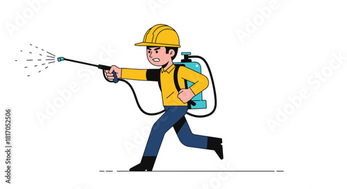 Cartoon man in hard hat spraying liquid from backpack sprayer.