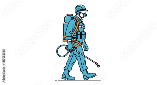 A person in protective gear, including a helmet, mask, and backpack sprayer, walks with a spray wand.
