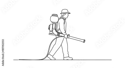 A person wearing a hat and carrying a backpack sprayer walks while holding a long nozzle, suggesting pest control or agricultural work.