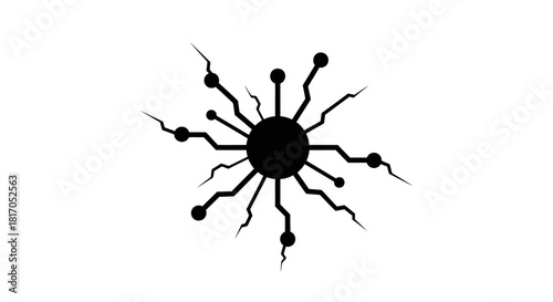 Black and white illustration of a central circular hub with radiating lines and connected nodes.