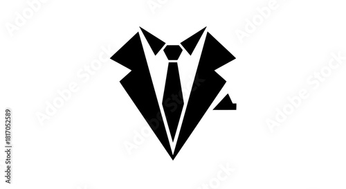 Stylized black and white image of a suit with a tie and pocket square.