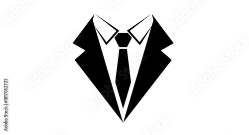 A minimalist black and white icon representing a formal business suit with a shirt collar and tie.
