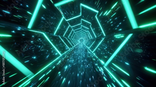 Fototapeta Naklejka Na Ścianę i Meble -  Abstract futuristic tunnel with neon lights and geometric shapes