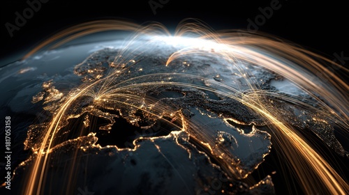 Global network connections with illuminated lines over the earth in dark space