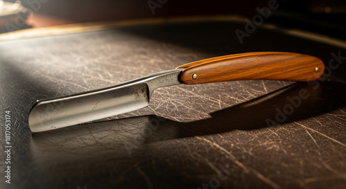 A close-up, studio shot of a classic straight razor with a shiny metal blade and a rich, wooden handle resting on a textured leather surface. The lighting emphasizes the sleekness of the blade and the