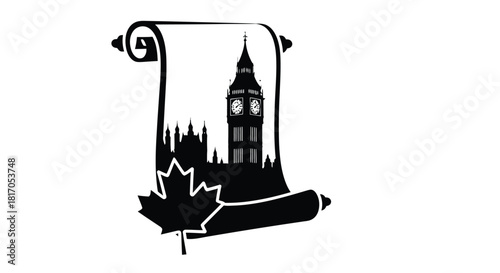 London's iconic landscape unfolds within a scrolled paper design a striking silhouette