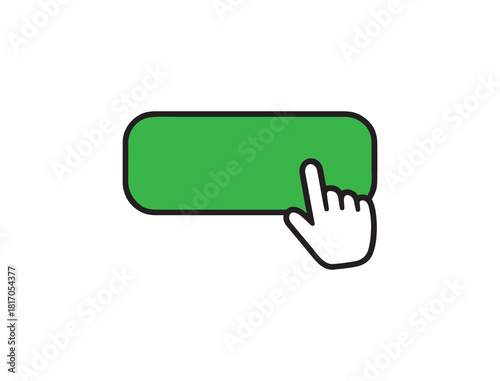 Green action button clicked by hand pointer in simple vector style
