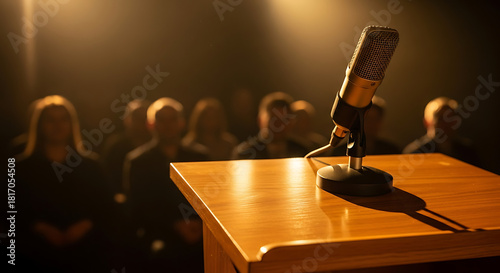 Podium of Discourse: A classic microphone stands prominently on a polished wooden podium, poised before a captivated audience in a dimly lit hall.