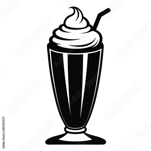 milkshake topped with whipped cream in tall glass black and white silhouette
