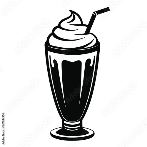 milkshake topped with whipped cream in tall glass black and white silhouette