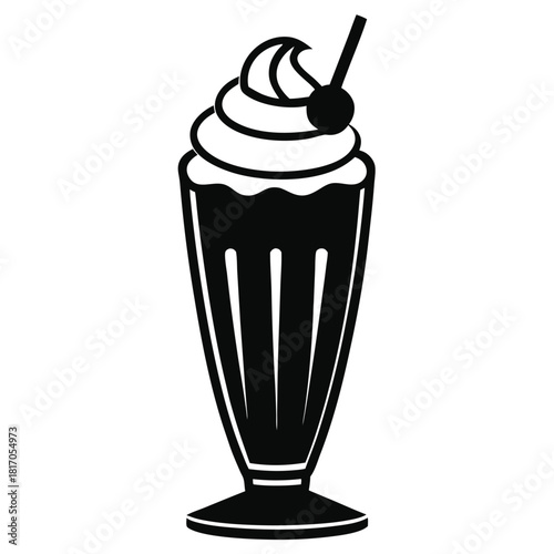 milkshake topped with whipped cream in tall glass black and white silhouette