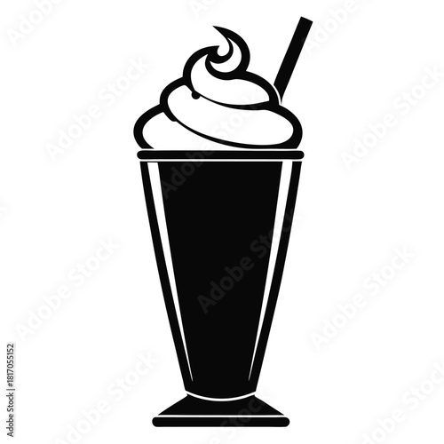 milkshake topped with whipped cream in tall glass black and white silhouette