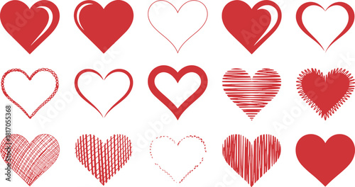 Collection of 15 Unique Hand-Drawn Red Heart Icons with Various Styles, Outlines, and Sketch Textures for Love and Valentine's Day Design