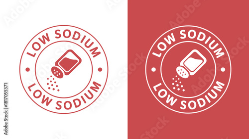 Low Sodium Food Label Icon Set with Salt Shaker and Granules Symbol in Red Circle for Healthy Diet and Nutritional Packaging
