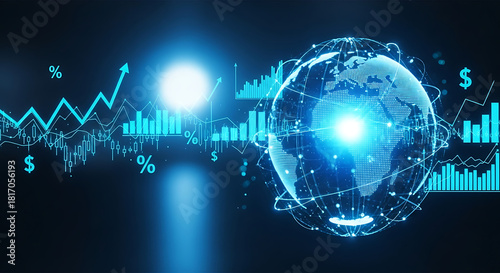 Global Financial Outlook: A mesmerizing display of interconnected data, charts, and digital representations of the globe, capturing the complex dynamics of worldwide financial markets.