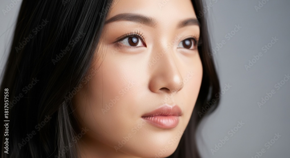Obraz premium Close-up portrait of a young Asian woman with flawless skin and serene expression showcasing