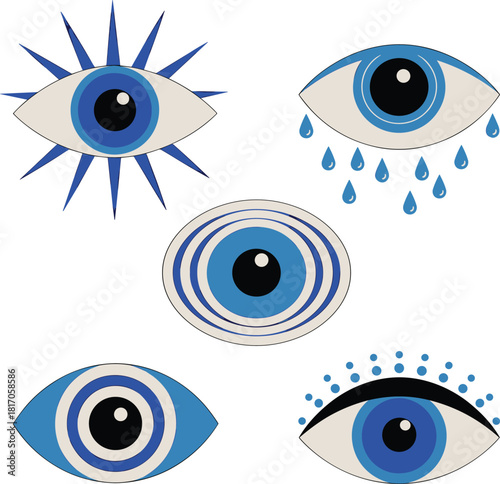 Set of Five Evil Eye Talisman Symbols, Traditional Turkish Nazar Amulet, Blue Protection Charm Icon Collection, Spiritual Vector Illustration.