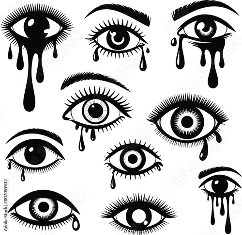 Set of Nine Black Dripping Eyes Vector Graphics, Crying and Melting Abstract Gothic Art Illustrations, Halloween or Tattoo Design Elements.