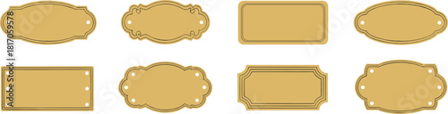 MobileSet of Vintage Gold Label Frames, Antique Name Plate or Signage Templates, Blank Retro Badges with Decorative Border Lines, Isolated Vector Illustration.