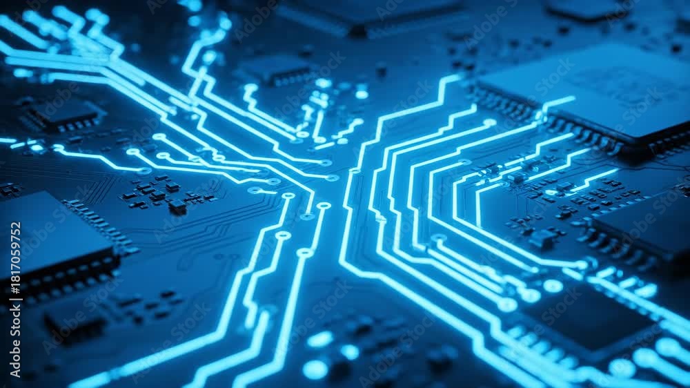 Glowing circuit board displays complex electronic pathways for ...