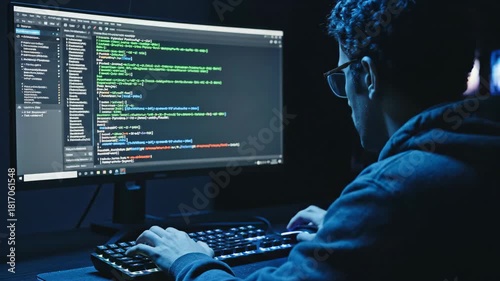 Person coding at computer and working on system security with lines of code illuminated on screen. Coding ensures system security and safeguards network data.