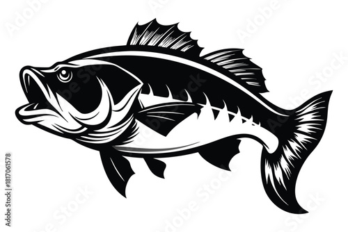large mouth bass fish black and white silhouette