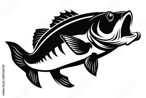 large mouth bass fish black and white silhouette