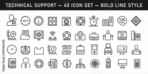 Technical Support Icon Set — 40 Bold Line Style Customer Service & Help Desk Icons.