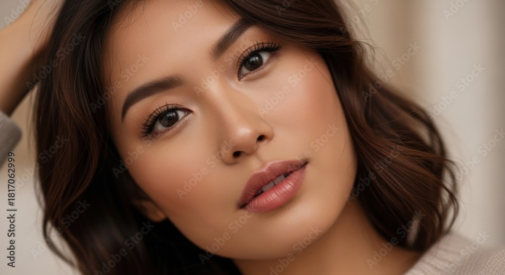 Obraz premium Close-up portrait of a young woman with smooth skin and expressive eyes showcasing natural beauty