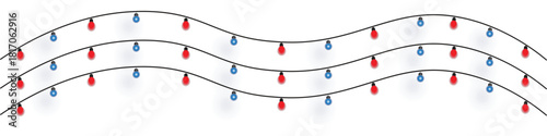 Festive red and blue string lights arranged in wavy lines