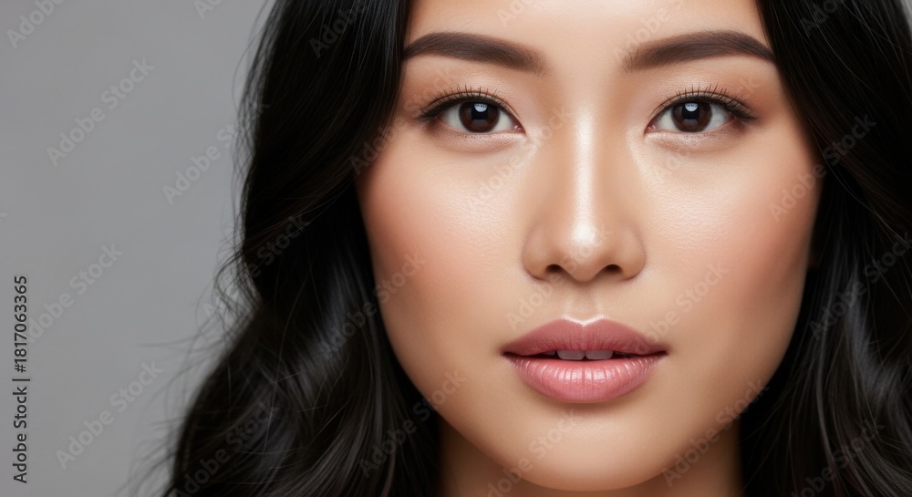 Obraz premium Close-up portrait of an elegant young Asian woman with flawless skin and natural makeup