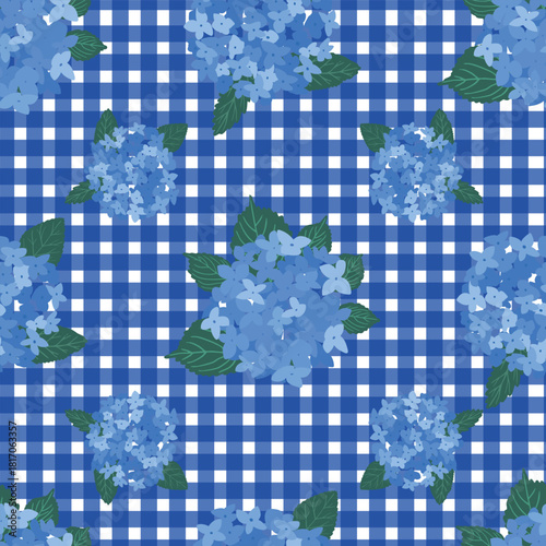 Coastal Hydrangea Pattern Collection Blue Florals Stripes Gingham Seamless Vector Set