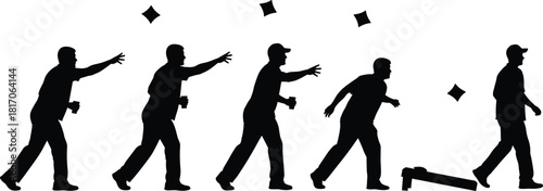 Cornhole throwing motion silhouette sequence with bean bag toss, dynamic player gestures, and game board in sporty vector style.