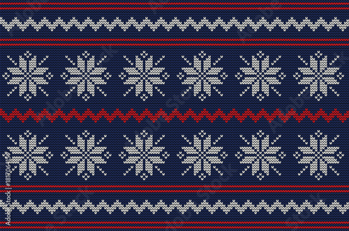 Christmas seamless sweater texture – Scandinavian ornament in navy blue, red, and white with snowflakes and geometric borders, suitable for winter backgrounds, textile designs