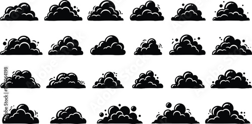Comic-style dust cloud vector set with black puff silhouettes for motion, impact, explosion, and animated graphic design effects.