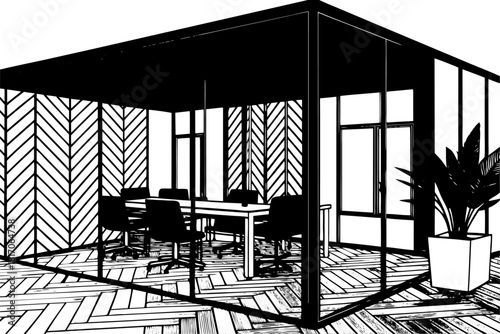 Black and white luxury house interior design with wooden floor, sofa, chair, and table in a modern living room