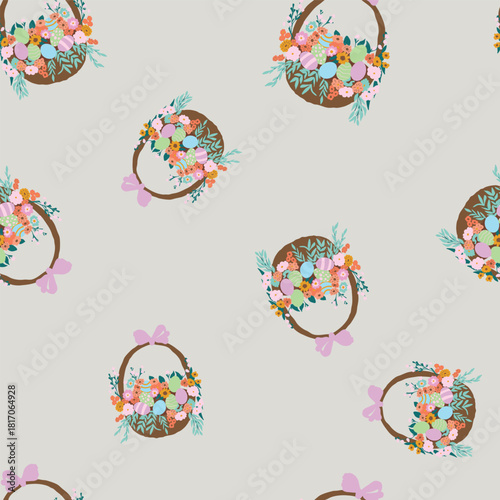 Easter Vector Patterns Spring Baskets Eggs Floral Wreath Flowers Seamless Designs