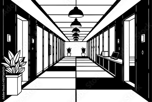 Long, empty hotel corridor interior with many doors and a strong, linear perspective